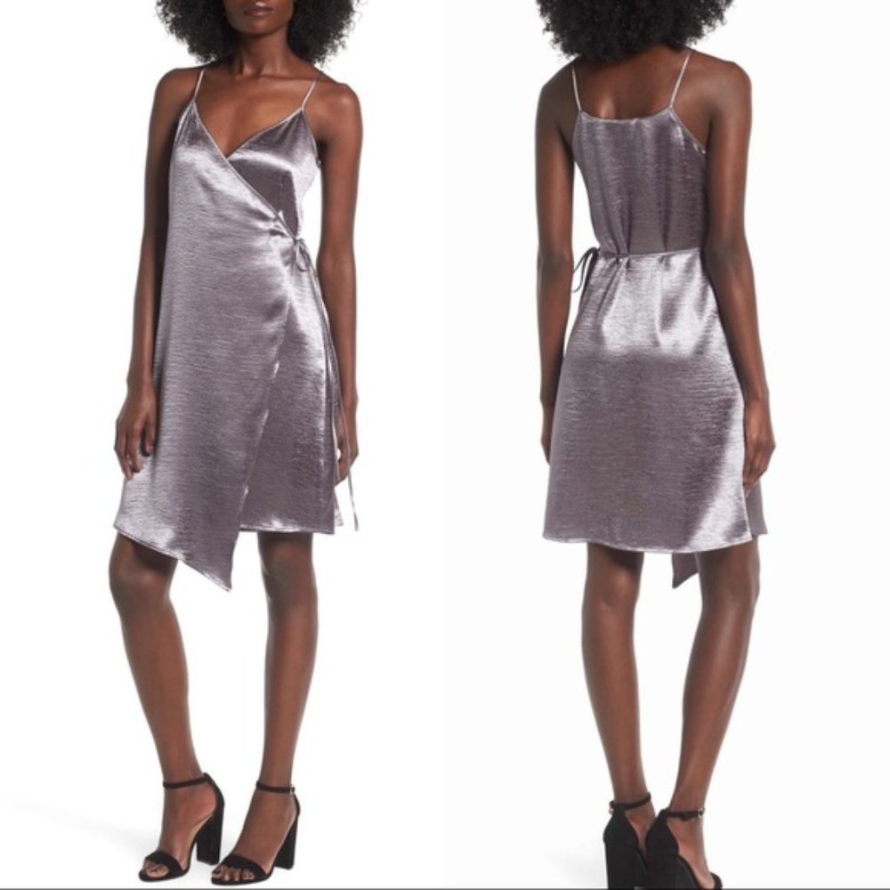 LEITH  SILVER GRAY TEXTURED SATIN WRAP DRESS L